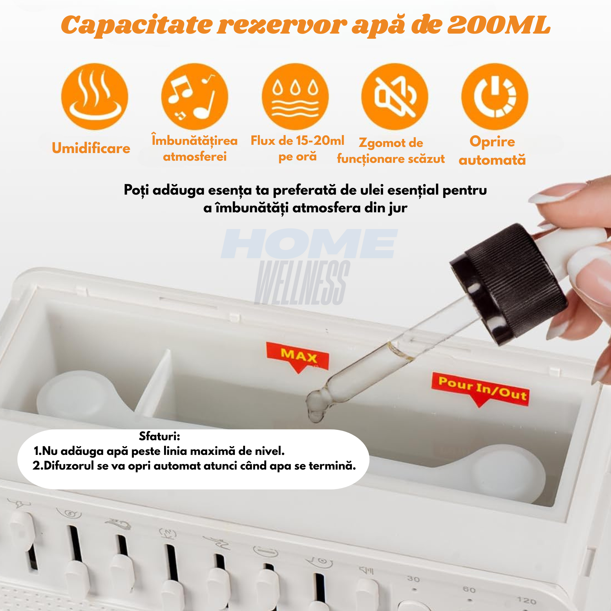 Umidificator cu Aromaterapie, 8 Tipuri de Sunete pentru Somn Profund si Calmare