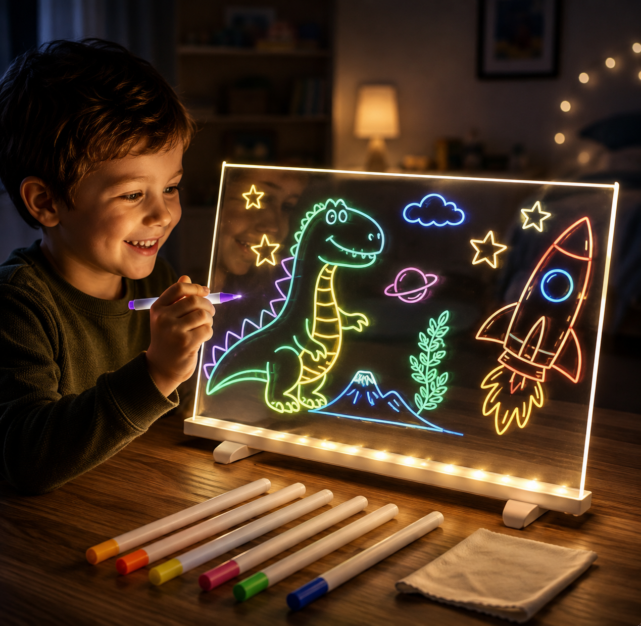 LumiDraw™ | Tabla LED reutilizabilă 30×20 cm + 7 Markere Colorate + Lavetă de Șters