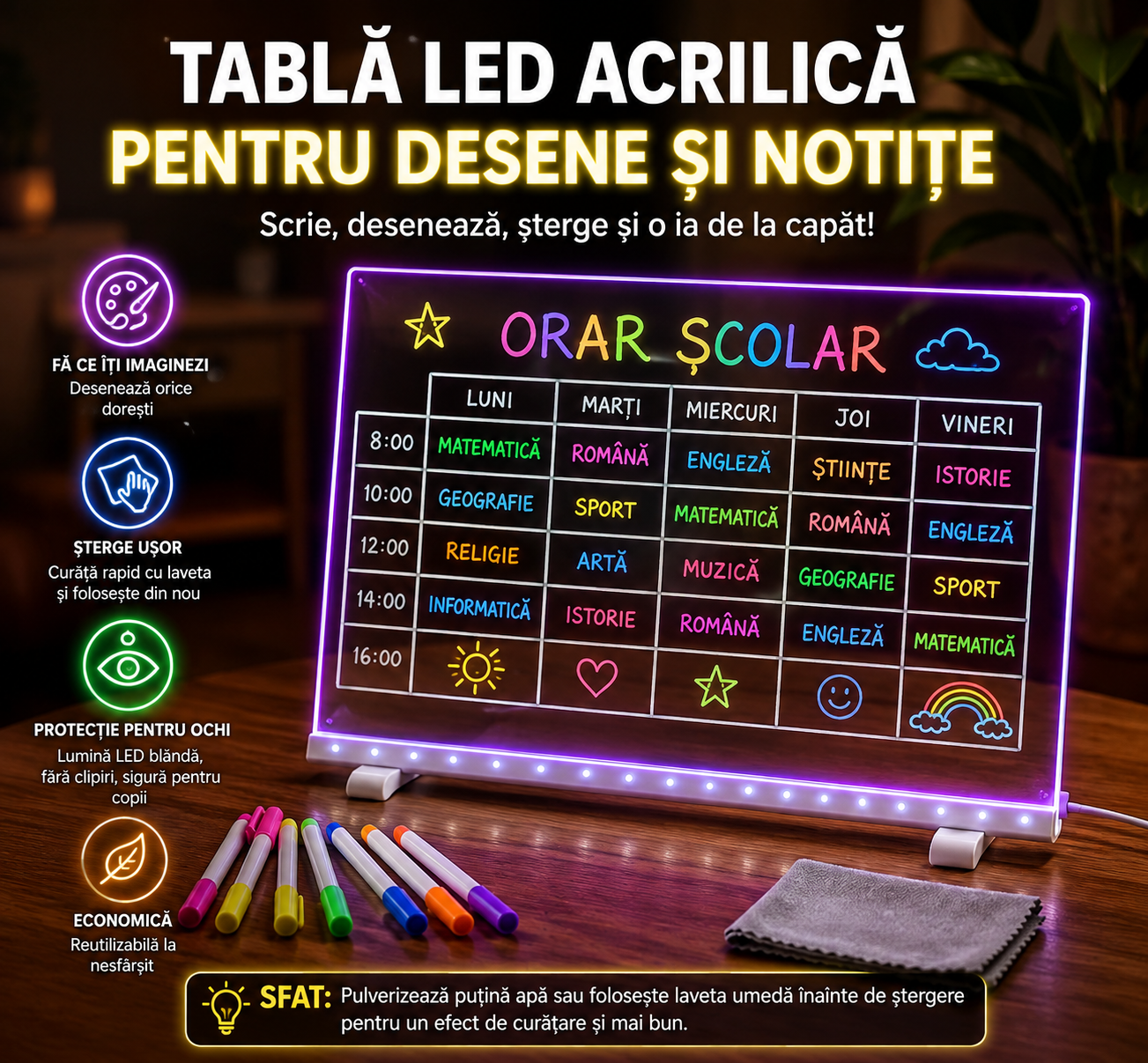 LumiDraw™ | Tabla LED reutilizabilă 30×20 cm + 7 Markere Colorate + Lavetă de Șters