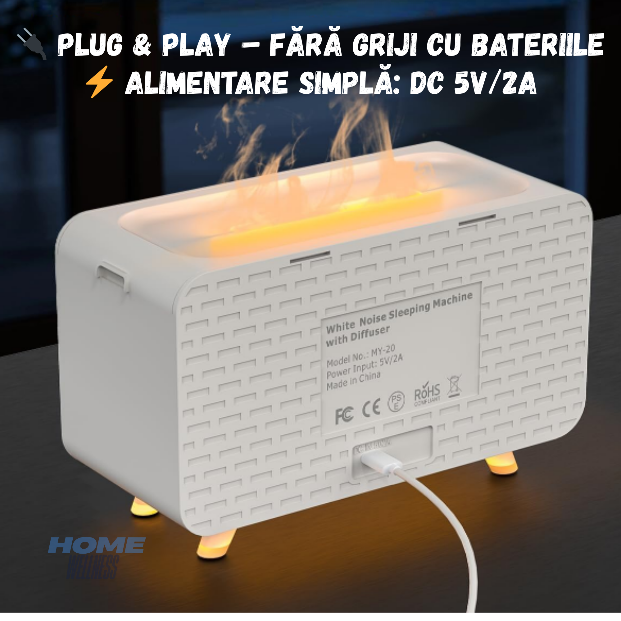 Umidificator cu Aromaterapie, 8 Tipuri de Sunete pentru Somn Profund si Calmare