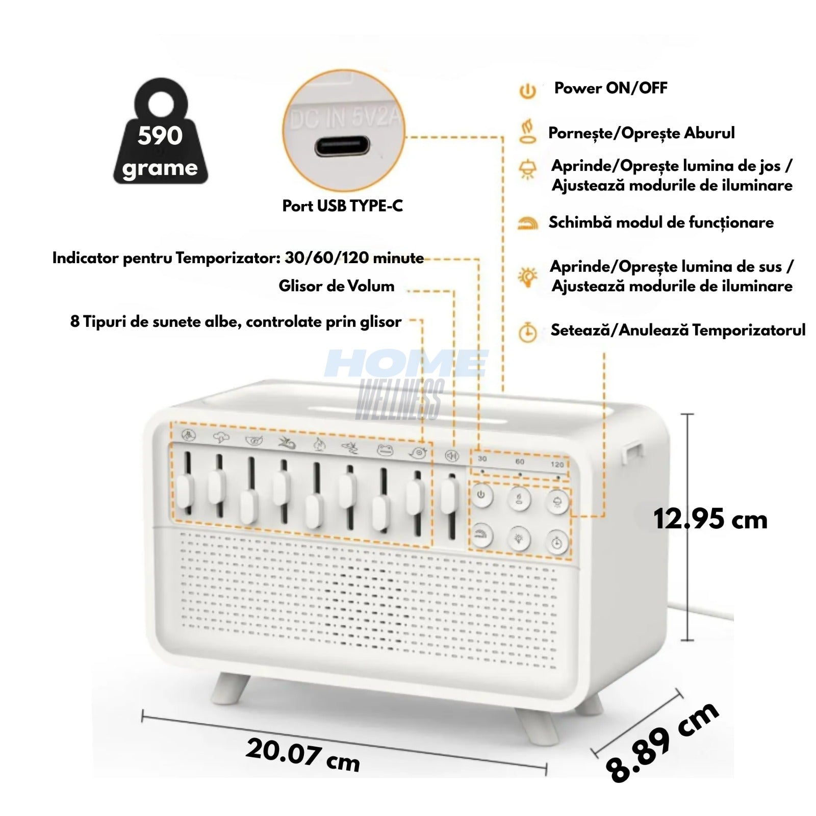 Umidificator cu Aromaterapie, 8 Tipuri de Sunete pentru Somn Profund si Calmare
